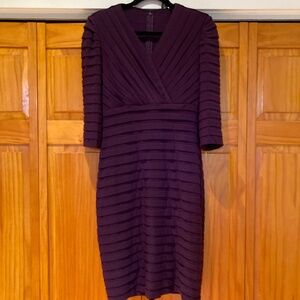 Adrianna Papell Plum Colored Stretch Pleated Dress Size 10, 3/4 Sleeve